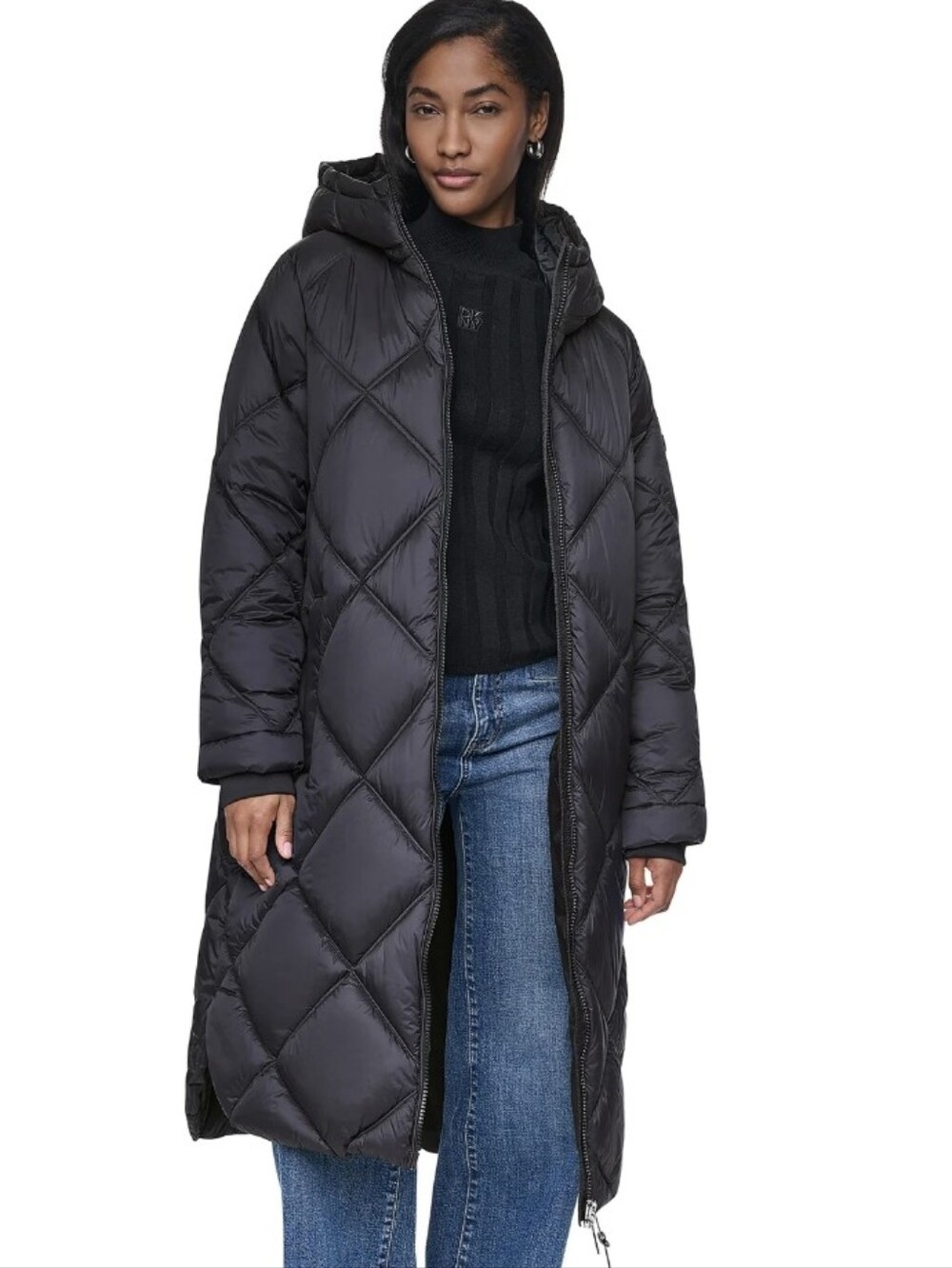 DKNY Quilted Long Puffer Hooded Coat Winter Parka Black New With Tags Jacket Sm
